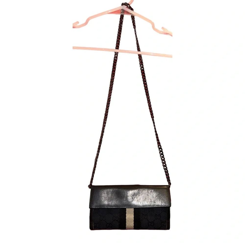 Authentic Gucci leather canvas long wallet with no brand gunmetal chain - Picture 5 of 11